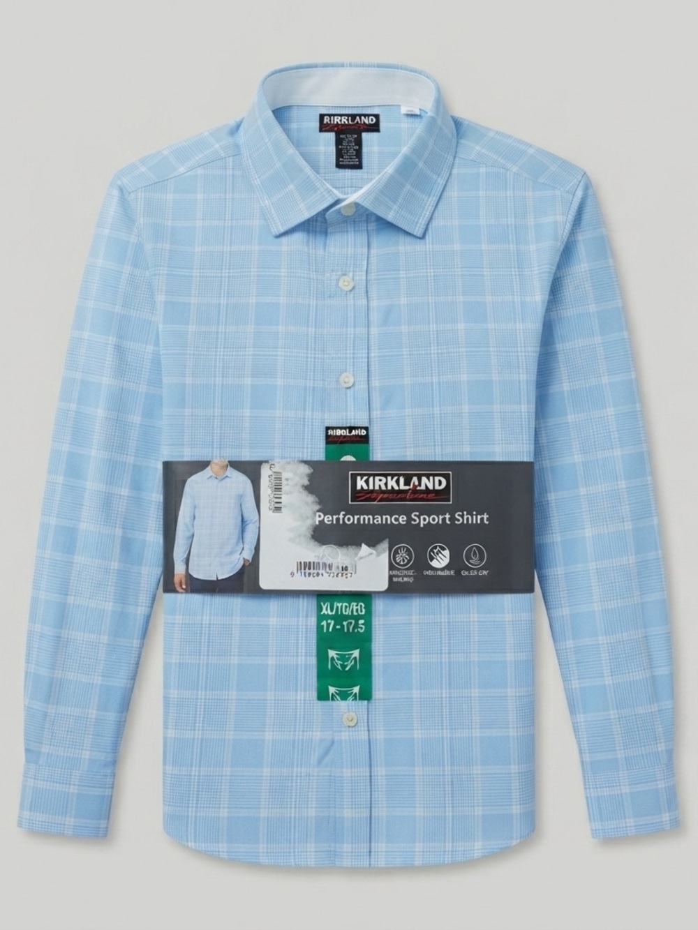 Kirkland Signature Men’s XL Performance Sport Shirt Blue Plaid 17-17.5 36/37